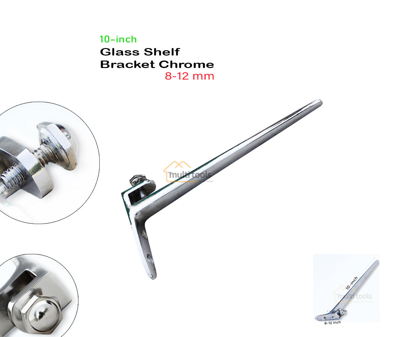 Glass Shelf Bracket Chrome 8-12mm (10 Inch)